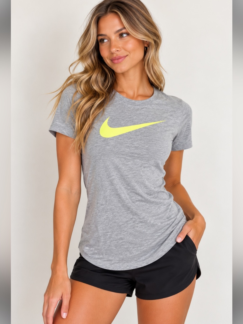 Nike Dri FIT Gray Yellow Swoosh Athletic T Shirt Women’s XS